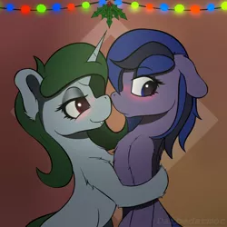 Size: 2048x2048 | Tagged: safe, artist:darbedarmoc, derpibooru import, oc, oc:luamore, oc:minerva, pegasus, pony, unicorn, blushing, boop, garland, holly, hug, image, png, red eyes, shy