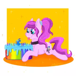 Size: 3000x3000 | Tagged: safe, artist:raspy, derpibooru import, rainbow dash, oc, oc:violet ray, unofficial characters only, earth pony, pony, cake, candle, choker, colored, cutie mark, figurine, food, frosting, hairband, image, jpeg, lying down, on stomach, simple background, solo, sparkles, tongue out