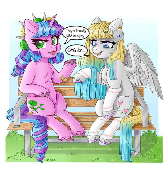 Size: 1920x1953 | Tagged: safe, artist:sk-ree, derpibooru import, oc, oc:ivy lush, unofficial characters only, pegasus, pony, unicorn, bench, female, image, jpeg, mare