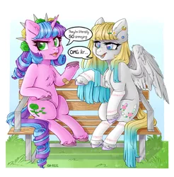 Size: 1920x1953 | Tagged: safe, artist:sk-ree, derpibooru import, oc, oc:ivy lush, unofficial characters only, pegasus, pony, unicorn, bench, female, image, jpeg, mare