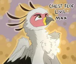 Size: 1650x1400 | Tagged: safe, artist:nighty, derpibooru import, oc, oc:vistamage, gryphon, abstract background, beak, bust, chest fluff, gift art, griffon oc, happy, image, jpeg, male, solo, text, wings