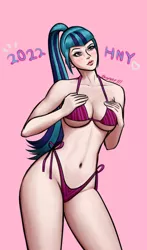 Size: 1099x1874 | Tagged: suggestive, alternate version, artist:guyser3, derpibooru import, sonata dusk, human, 2022, clothes, female, happy new year, happy new year 2022, holiday, humanized, image, jpeg, pink background, simple background, solo, solo female, text, underwear