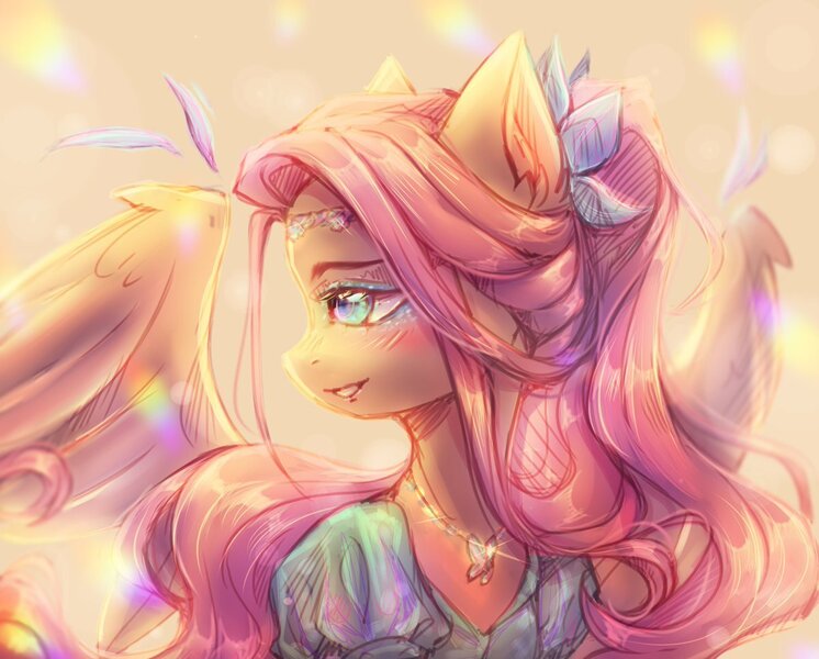 Size: 1200x965 | Tagged: safe, artist:zefirka, derpibooru import, fluttershy, butterfly, insect, pegasus, pony, alternate hairstyle, blurry background, blushing, circlet, clothes, cute, cutie mark accessory, dress, eyeshadow, female, image, jpeg, makeup, mare, profile, shyabetes, smiling, solo