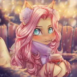 Size: 3000x3000 | Tagged: safe, alternate version, artist:zefirka, derpibooru import, fluttershy, pegasus, pony, blushing, cheek fluff, clothes, coat, coffee cup, cup, cute, earmuffs, fence, happy new year 2022, heart, high res, holiday, hoof hold, image, jpeg, looking at you, scarf, shyabetes, smiling, snow, snowfall, solo, speedpaint, starbucks, winter