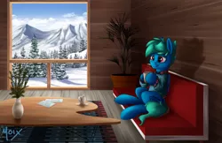 Size: 5100x3300 | Tagged: safe, artist:supermoix, derpibooru import, oc, oc:supermoix, unofficial characters only, pegasus, pony, background, beautiful, cabin, couch, forest, image, male, mountain, png, scenery, snow, solo, stallion, table, tree, window