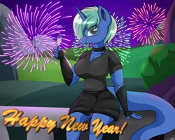 Size: 2500x2000 | Tagged: safe, artist:novaspark, derpibooru import, oc, oc:nova spark, unofficial characters only, anthro, monster pony, original species, tatzlpony, alcohol, champagne, champagne glass, clothes, female, fireworks, happy new year, happy new year 2022, holiday, image, looking at you, png, solo, wine