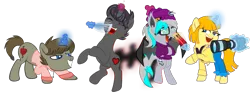 Size: 1175x442 | Tagged: safe, artist:darktailsko, derpibooru import, oc, oc:batilla, oc:darkknighthoof, oc:darkknightshade, oc:tippy toes, unofficial characters only, bat pony, pony, unicorn, derpibooru community collaboration, 2022 community collab, augmented, augmented tail, bat pony oc, bat wings, beanie, bipedal, camera, clothes, coat, corset, eyes closed, feather, female, glasses, glow, glowing horn, grin, hat, hoodie, horn, image, levitation, magic, male, mare, open mouth, pants, pencil, pink sweater, png, raised hoof, raised leg, simple background, smiling, stallion, sweater, sweater meme, tail, telekinesis, tickling, transparent background, wings