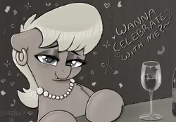 Size: 1944x1356 | Tagged: safe, artist:llametsul, derpibooru import, ms. harshwhinny, earth pony, pony, alcohol, bedroom eyes, blushing, bottle, chest fluff, confetti, cougar, dialogue, ear piercing, earring, eyeshadow, female, glass, happy new year, heart, heart eyes, holiday, image, jewelry, lidded eyes, looking at you, makeup, milf, monochrome, necklace, pearl necklace, piercing, png, sketch, smiling, smiling at you, solo, text, wine, wine bottle, wine glass, wingding eyes