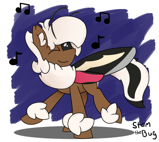 Size: 1900x1700 | Tagged: safe, artist:stemthebug, derpibooru import, oc, oc:stem bedstraw, unofficial characters only, hybrid, insect, moth, mothpony, original species, pony, dancing, image, music notes, png, solo