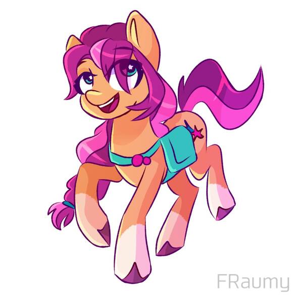 Size: 1323x1323 | Tagged: safe, artist:fraumflug, derpibooru import, sunny starscout, earth pony, pony, my little pony: a new generation, bag, female, g5, image, jpeg, open mouth, saddle bag, simple background, solo, white background