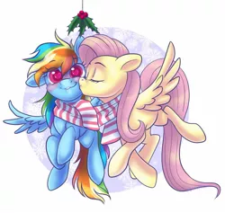Size: 1466x1391 | Tagged: safe, artist:wicked-red-art, derpibooru import, fluttershy, rainbow dash, pegasus, pony, blushing, clothes, eyes closed, female, flutterdash, flying, heart eyes, holly, holly mistaken for mistletoe, image, jpeg, kiss on the cheek, kissing, lesbian, mare, one ear down, scarf, shipping, smiling, snow, snowflake, spread wings, wingding eyes, wings
