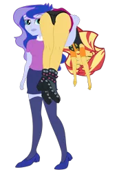 Size: 3674x5415 | Tagged: suggestive, artist:gmaplay, derpibooru import, princess luna, sunset shimmer, equestria girls, equestria girls series, forgotten friendship, ass, black background, bunset shimmer, butt, carrying, duo, image, ots carry, png, simple background, sunset shimmer is not amused, unamused, unconscious, vice principal luna