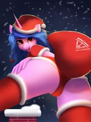 Size: 960x1280 | Tagged: suggestive, artist:delta hronum, derpibooru import, izzy moonbow, anthro, pony, unicorn, christmas, clothes, costume, eye clipping through hair, g5, happy new year, holiday, image, jpeg, low angle, santa costume, snow, snowfall, socks, solo, stockings, thigh highs