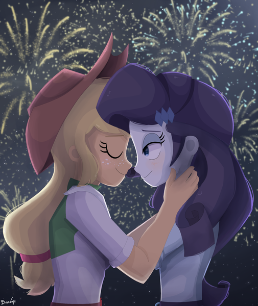 Size: 1600x1900 | Tagged: safe, artist:biocrine, derpibooru import, applejack, rarity, equestria girls, female, fireworks, image, lesbian, png, rarijack, shipping