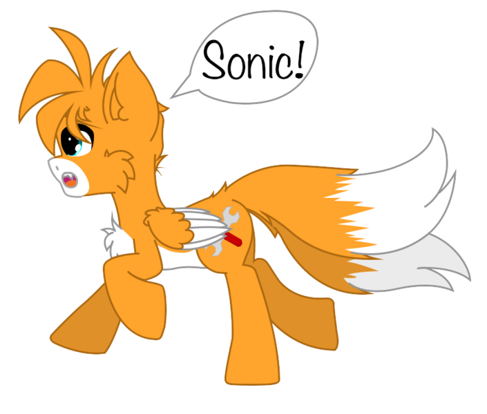 Size: 824x701 | Tagged: safe, artist:aerithechidna4rt, derpibooru import, ponified, fox, fox pony, hybrid, pony, colored wings, cute, fangs, fluffy, image, miles "tails" prower, multiple tails, open mouth, png, running, sonic the hedgehog (series), speech bubble, tail, two tails, two toned wings, wings