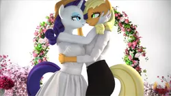 Size: 7680x4320 | Tagged: safe, alternate version, artist:loveslove, derpibooru import, applejack, rarity, anthro, earth pony, unicorn, 3d, absurd file size, absurd resolution, alternate character, bow, clothes, commission, dress, eyebrows, eyelashes, female, flower, hand behind back, hand on head, highlights, horn, image, imminent kissing, intimate, lesbian, looking at each other, looking at someone, png, rarijack, romantic, shipping, simple background, source filmmaker, tail, tail bow, tuxedo, wedding dress, wedding gown, white background, ych result