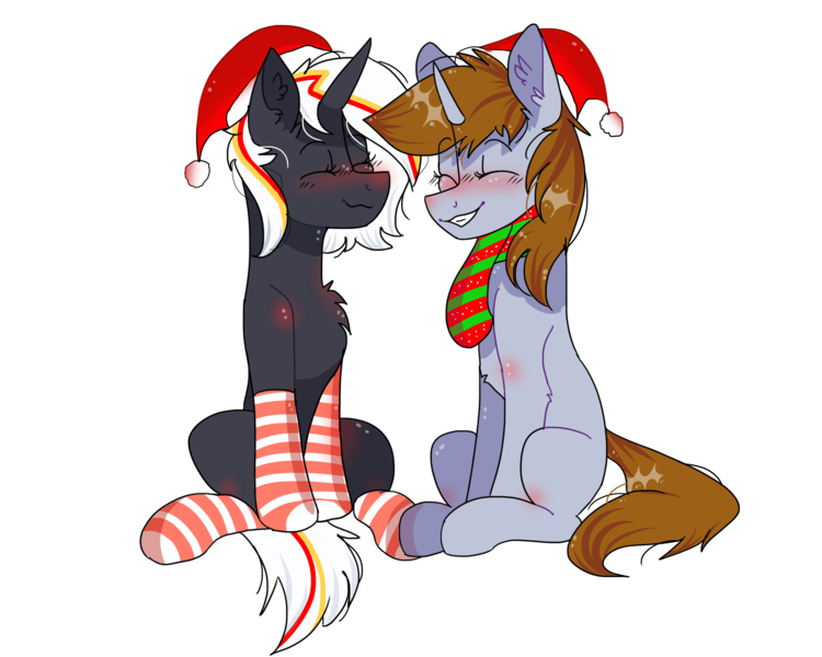 Size: 2560x2048 | Tagged: safe, artist:valkiria, derpibooru import, oc, oc:littlepip, oc:velvet remedy, unofficial characters only, pony, unicorn, derpibooru community collaboration, fallout equestria, 2022 community collab, blushing, christmas, clothes, cute, derpibooru exclusive, eyes closed, grin, hat, holiday, image, png, santa hat, scarf, simple background, sitting, smiling, socks, striped socks, transparent background