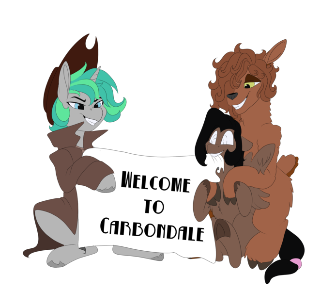 Size: 2500x2160 | Tagged: safe, artist:brainiac, derpibooru import, oc, oc:casey, oc:deedee, oc:inner sight, alpaca, pegasus, pony, unicorn, derpibooru community collaboration, fallout equestria, 2022 community collab, blind, carbondale, female, image, mare, png