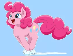 Size: 1277x979 | Tagged: safe, artist:dendollae, derpibooru import, pinkie pie, earth pony, pony, blue background, chest fluff, cute, diapinkes, female, image, mare, open mouth, open smile, outline, png, simple background, sliding, smiling, soap, solo, white outline