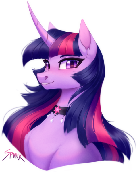 Size: 1192x1500 | Tagged: safe, artist:spark_rarestar, derpibooru import, twilight sparkle, pony, unicorn, bust, chest fluff, choker, curved horn, cute, cutie mark accessory, ear fluff, female, horn, image, leg fluff, mare, png, simple background, smiling, solo, transparent background, twiabetes, unicorn twilight