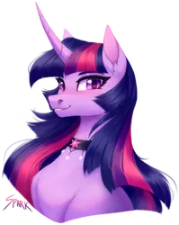 Size: 1192x1500 | Tagged: safe, artist:spark_rarestar, derpibooru import, twilight sparkle, pony, unicorn, bust, chest fluff, choker, curved horn, cute, cutie mark accessory, ear fluff, female, horn, image, leg fluff, mare, png, simple background, smiling, solo, transparent background, twiabetes, unicorn twilight