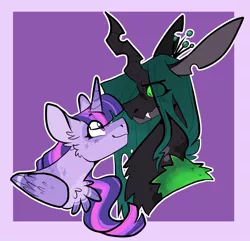 Size: 920x886 | Tagged: safe, artist:rockin_candies, derpibooru import, queen chrysalis, twilight sparkle, twilight sparkle (alicorn), alicorn, changeling, changeling queen, pony, bust, chest fluff, duo, fangs, female, horn, image, jpeg, lesbian, looking at each other, looking at someone, purple background, shipping, simple background, smiling, twisalis, wings
