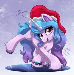 Size: 1200x1210 | Tagged: safe, artist:joakaha, derpibooru import, izzy moonbow, pony, unicorn, my little pony: a new generation, bracelet, christmas, cute, female, g5, hat, holiday, image, izzybetes, jewelry, jpeg, looking at you, mare, open mouth, open smile, santa hat, simple background, smiling, smiling at you, text, unshorn fetlocks