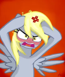 Size: 1228x1457 | Tagged: safe, artist:lennondash, derpibooru import, derpy hooves, pegasus, pony, angry, bloodshot eyes, blushing, blushing profusely, cross-popping veins, head in hooves, image, open mouth, png, red background, simple background, solo, spread wings, wings