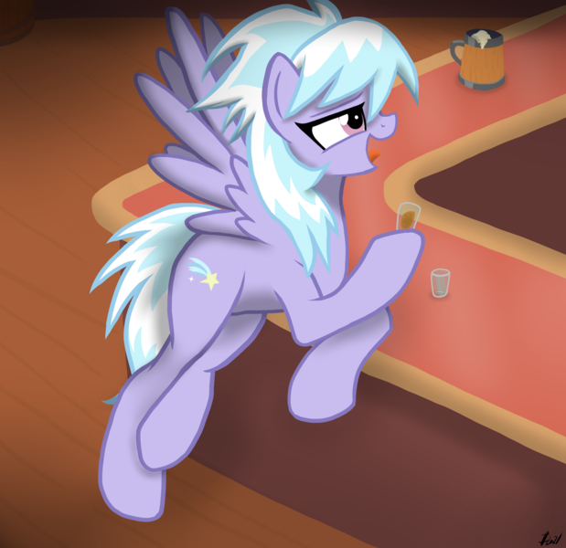 Size: 1280x1241 | Tagged: safe, artist:lennondash, derpibooru import, cloudchaser, pegasus, pony, alcohol, bar, female, glass, hoof hold, image, leaning, lidded eyes, mare, mug, open mouth, png, profile, shot glass, solo, solo female, whiskey