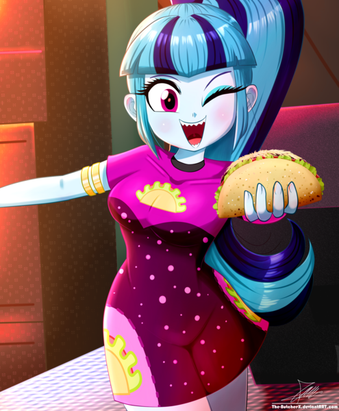 Size: 1784x2163 | Tagged: safe, artist:the-butch-x, derpibooru import, sonata dusk, equestria girls, clothes, digital art, female, food, image, looking at you, one eye closed, png, redraw, sharp teeth, smiling, solo, taco, taco dress, teeth, wink, winking at you
