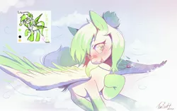 Size: 3900x2450 | Tagged: safe, artist:twisoft, oc, oc:lime wind, unofficial characters only, pegasus, pony, blushing, female, image, jewelry, jpeg, mare, necklace, plaster, simple background, solo, starry eyes, white background, wingding eyes