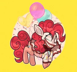 Size: 1933x1800 | Tagged: safe, artist:kimmypalazzo, derpibooru import, pinkie pie, earth pony, pony, balloon, clown, creepy, creepy smile, female, image, mare, png, simple background, smiling, solo, yellow background