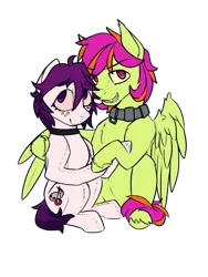 Size: 3000x4000 | Tagged: safe, artist:toanderic, derpibooru import, oc, oc:frame gravity, oc:the doll, unofficial characters only, original species, pegasus, plush pony, pony, derpibooru community collaboration, 2022 community collab, collar, derpibooru exclusive, freckles, grin, high res, hoof hold, hug, hugging a pony, image, looking at you, pegasus oc, plushie, png, simple background, sitting, smiling, stitches, teeth, transparent background, winghug, wings