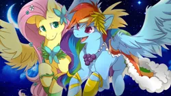 Size: 1600x900 | Tagged: safe, artist:mr-tiaa, derpibooru import, edit, fluttershy, rainbow dash, pegasus, pony, 16:9, clothes, dress, duo, female, flower, flower in hair, flying, gala dress, image, mare, moon, night, night sky, open mouth, png, side by side, sky, smiling, spread wings, starry sky, stars, wallpaper, wallpaper edit, wings