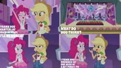 Size: 1280x720 | Tagged: safe, derpibooru import, edit, edited screencap, editor:quoterific, screencap, applejack, pinkie pie, constructive criticism, equestria girls, equestria girls series, applejack's hat, armpits, belt, boots, broken hand, clothes, constructive criticism: pinkie pie, cowboy boots, cowboy hat, cutie mark, cutie mark on clothes, denim skirt, devil horn (gesture), drumsticks, duo, duo female, eyes closed, female, geode of sugar bombs, geode of super strength, grin, hat, image, jewelry, magical geodes, necklace, open mouth, open smile, png, shoes, skirt, smiling, tanktop
