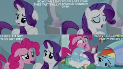 Size: 1280x720 | Tagged: safe, derpibooru import, edit, edited screencap, editor:quoterific, screencap, pinkie pie, rainbow dash, rarity, tank, earth pony, pegasus, pony, tortoise, unicorn, season 5, tanks for the memories, bed, blanket, eyes closed, female, floppy ears, image, male, mare, open mouth, pillow, png, sad