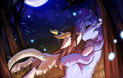 Size: 2673x1714 | Tagged: safe, artist:swaybat, derpibooru import, oc, oc:crystal eve, oc:crystaleve, oc:睦睦, unofficial characters only, earth pony, pony, duo, explicit source, female, image, kissing, male, moon, night, png, straight