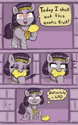 Size: 1279x2048 | Tagged: safe, artist:heretichesh, derpibooru import, oc, oc:mummydew, unofficial characters only, earth pony, pony, ankh, bandage, comic, eating, eyes closed, female, filly, food, image, jpeg, lemon, scrunchy face, solo, speech bubble, talking to viewer, thought bubble