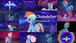 Size: 1280x721 | Tagged: safe, artist:thesamstudio, derpibooru import, editor:quoterific, rainbow dash, pegasus, pony, chandelier, chandelier (song), eyes closed, female, flying, image, mare, nose in the air, open mouth, open smile, png, rainbow, rainbow trail, smiling, solo, spread wings, tree, wings