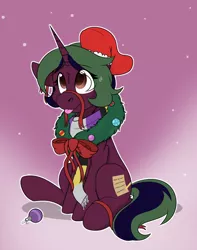 Size: 1744x2208 | Tagged: safe, artist:rokosmith26, derpibooru import, oc, unofficial characters only, pony, unicorn, bow, cheek fluff, christmas, christmas stocking, christmas wreath, clothes, commission, female, floppy ears, gradient background, holiday, horn, image, looking up, mare, one ear down, png, raised hoof, ribbon, scarf, simple background, sitting, smiling, solo, striped scarf, sweat, sweatdrop, tail, tongue out, unicorn horn, unicorn oc, wreath, ych result