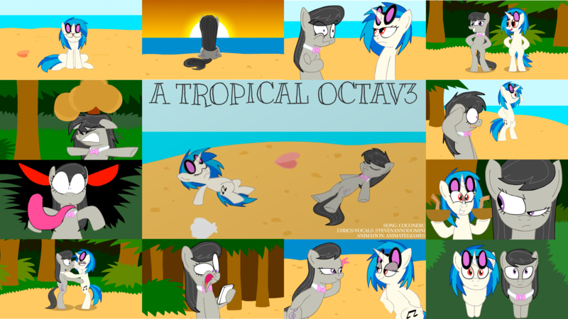 Size: 4358x2450 | Tagged: safe, artist:animatedjames, derpibooru import, editor:quoterific, octavia melody, vinyl scratch, earth pony, pony, unicorn, a tropical octav3, beach, bipedal, eyes closed, female, floppy ears, grin, image, mare, open mouth, open smile, png, smiling
