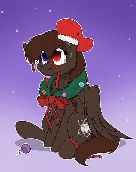 Size: 1744x2208 | Tagged: safe, artist:rokosmith26, derpibooru import, oc, oc:joypad, unofficial characters only, pegasus, pony, bow, cheek fluff, chest fluff, christmas, christmas stocking, christmas wreath, commission, female, floppy ears, gradient background, heterochromia, holiday, image, looking up, mare, one ear down, pegasus oc, pegasus wings, png, raised hoof, ribbon, simple background, sitting, smiling, solo, sweat, sweatdrop, tail, tongue out, wings, wreath, ych result
