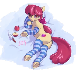 Size: 1336x1300 | Tagged: suggestive, derpibooru import, apple bloom, earth pony, pony, apple, bloom butt, butt, clothes, dock, female, food, frog (hoof), image, knife, leg warmers, looking at you, lying down, plot, png, side, socks, solo, solo female, striped socks, tail, underhoof