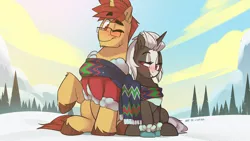 Size: 1920x1080 | Tagged: safe, artist:light262, derpibooru import, oc, oc:s.leech, unicorn, blushing, christmas, clothes, commission, couple, gackground, hair, hearth's warming eve, holiday, hooves, horn, image, jpeg, scarf, sky, snow, your character here