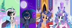 Size: 1024x400 | Tagged: safe, artist:velveagicsentryyt, derpibooru import, princess flurry heart, oc, oc:galaxy swirls, oc:mysterilestia, hybrid, pony, image, interspecies offspring, jpeg, moon, offspring, older, parent:discord, parent:flash sentry, parent:king sombra, parent:princess celestia, parent:princess luna, parent:twilight sparkle, parents:dislestia, parents:flashlight, parents:lumbra