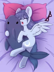 Size: 1560x2048 | Tagged: safe, artist:cloud-fly, derpibooru import, oc, unofficial characters only, pegasus, pony, shark, bed, blåhaj, drool, eyebrows, eyebrows visible through hair, female, image, jpeg, mare, pegasus oc, pillow, plushie, shark plushie, sleeping, solo, underhoof, wings, wings extended