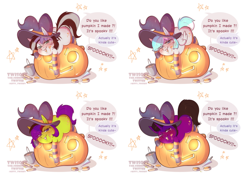 Size: 6964x5040 | Tagged: safe, artist:twisoft, oc, unofficial characters only, pony, commission, dialogue, halloween, halloween 2021, hat, holiday, image, offscreen character, png, pumpkin, witch hat, ych result