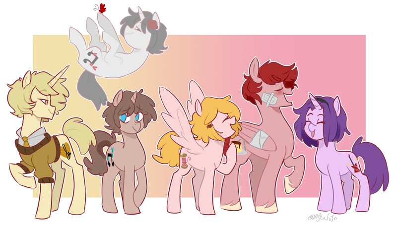 Size: 2048x1161 | Tagged: safe, artist:aylufujo, derpibooru import, oc, unofficial characters only, pegasus, pony, unicorn, abstract background, image, jpeg, pegasus oc, raised hoof, unnicorn oc, unshorn fetlocks, wings