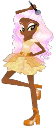 Size: 262x609 | Tagged: safe, artist:gihhbloonde, derpibooru import, oc, unofficial characters only, equestria girls, base used, clothes, dark skin, female, hand on hip, high heels, image, makeup, microphone, png, shoes, simple background, skirt, smiling, transparent background