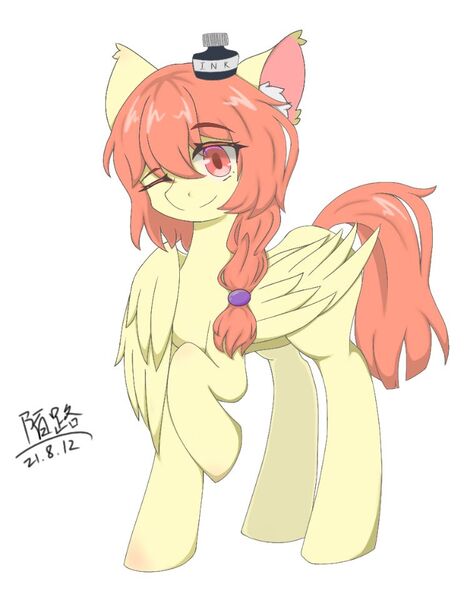 Size: 751x960 | Tagged: safe, artist:陌路, derpibooru import, oc, unofficial characters only, pegasus, image, ink, jpeg, looking at you, pegasus oc, raised hoof, simple background, smiling, wings